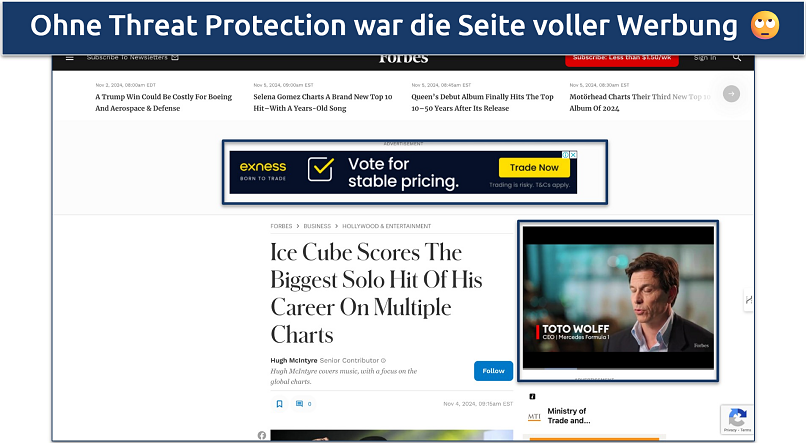 Screenshot of Forbes.com with lots of ads showing