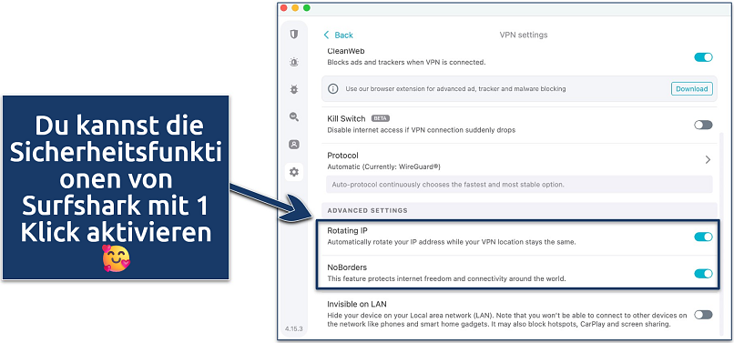 Screenshot of Surfshark's Windows app highlighting advanced security features